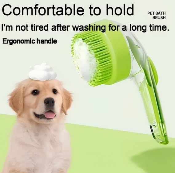 Pet Bath Brush with Shampoo Dispenser, Silicone Bristles, Ergonomic Handle, Green, 3-in-1 Shower Massage Tool for Dogs and Cats (Green)