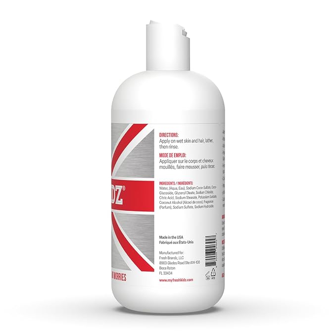 Fresh Kidz Boys Red Body Wash & Shampoo, 16.9 fl oz – Aluminum & Baking Soda Free Kids Body Wash for Boys, Teens & Tweens, Gentle Daily Cleanser for Sensitive Skin, Fresh Woody Musk Scent