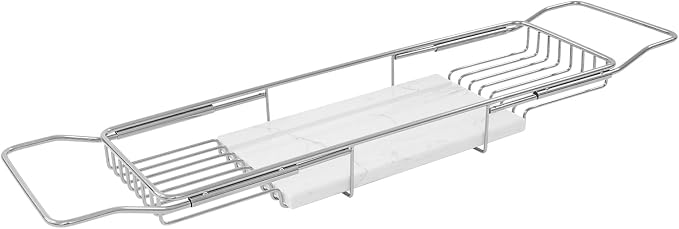 Bathtub Tray Caddy for Luxury Bath, Stainless Steel 26.8-35.4 in Expandable Extra Wide Bath Tub Tray with Natural Marble and Mobile/Tablet Stand, Ideal for Home Spa Lovers (Silver + White)