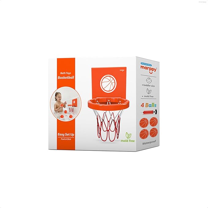 MARPPY Bath Toys - Bathtub Basketball Hoop for Toddlers Kids | Suction Cups Baby Mini Basketball Hoop with 4 Soft Balls | Fun Bath Toy for Boys and Girls