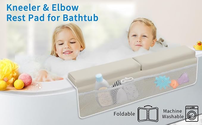 JJGoo Bath Kneeler with Elbow Rest Pad Set, 1.5 inch Kneeling Pad Mat for Bathtub Baby Bathing Parents, Painless Foam Mat with Toy Organizer Pockets, Non-Slip for Baby and Toddler Bathing