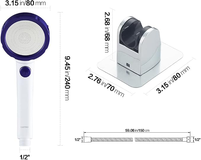 KAIYING Drill-Free High Pressure Handheld Shower Head with ON/OFF Pause Switch 3 Spray Modes Water Saving Showerhead, Detachable Shower-Head, (H:Shower Head (White & Blue)+Bracket+Hose)
