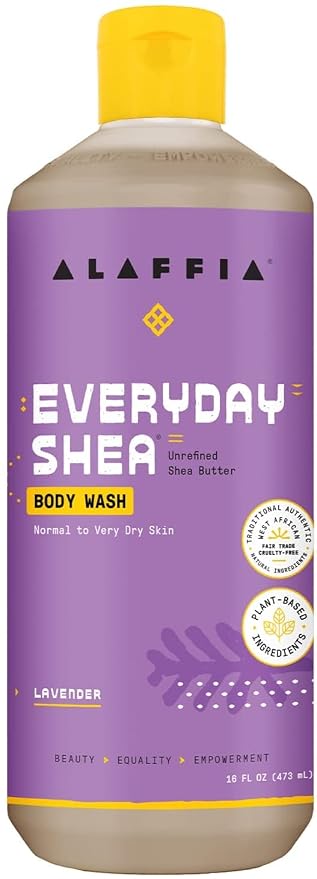 Alaffia Body Wash, EveryDay Shea, Lavender 2-Pack – Gentle Skin Cleanser, Shower Gel for Normal to Very Dry Skin, 16 Oz Ea