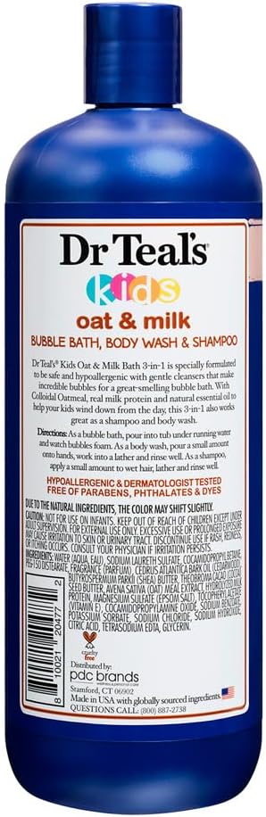 Dr Teal's Oat & Milk with Shea Butter, Cocoa Butter & Essential Oil 3-in-1 Bubble Bath, Body Wash, & Shampoo, 20 Fl Oz