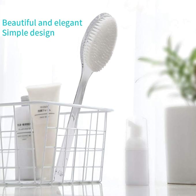 Body Dry Brushing Back Scrubber With Curved Plastic Long Handle - Clear Bath Shower Brush for Dry Skin Exfoliating, Cellulite - for Men and Women (Transparent Handle)