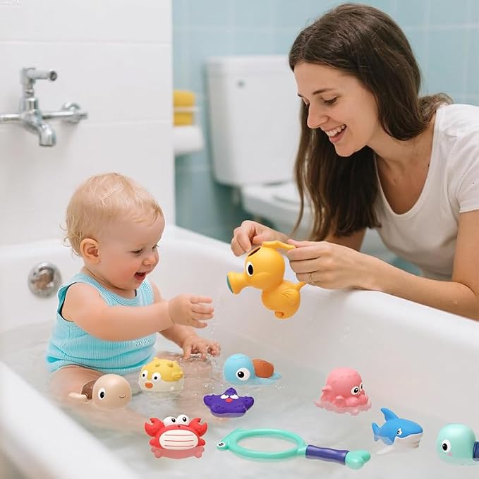 Bath Toy for Toddlers 6-12-18 Months, No-Hole Bathtub Toys with Baby Bath Animals, Wind-Up Turtles, Fishing Net & Storage Bag, Floating Toys for Toddlers 1-3 Year Old Boys Girls (11 Pack)