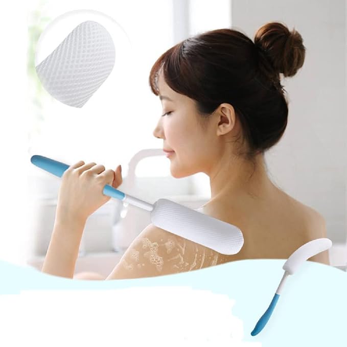 Body Back Bath Brush, Curve Long Handle Mesh Bag Sponge, Replaceable Scrubbing Brush, Exfoliating Skin Shower Brush, Length 15.35 Inch/39cm