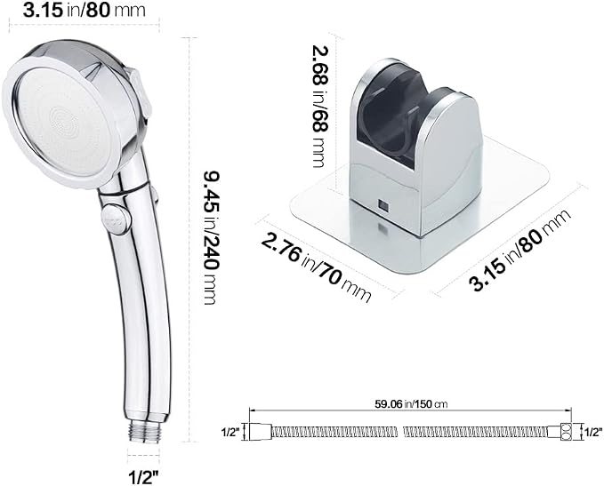 KAIYING Drill-Free High Pressure Handheld Shower Head with ON/OFF Pause Switch 3 Spray Modes Water Saving Showerhead, Detachable Puppy Shower Accessories (M:Shower Head (Chrome)+Bracket+Hose)