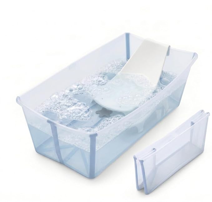 Stokke Flexi Bath Bundle, Ocean Blue - Foldable Baby Bathtub + Newborn Support - Durable & Easy to Store - Convenient to Use at Home or Traveling - Best for Newborns & Babies Up to 48 Months