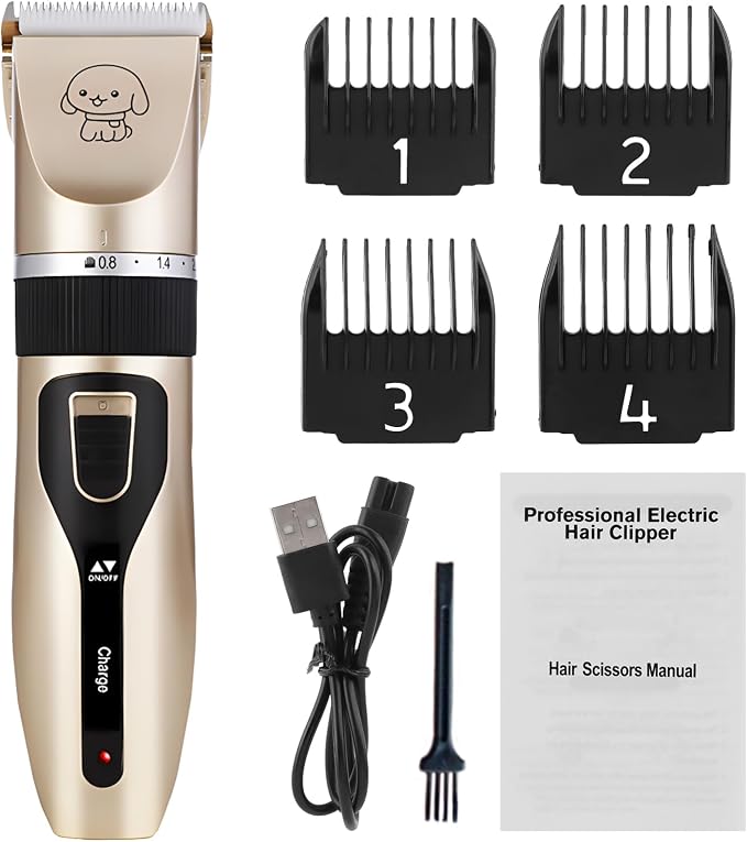 Dog Grooming Clippers, Cordless Electric Pet Shaver Hair Trimmer with 4 Guard Combs, USB Rechargeable Low Noise Cat Dog Clippers for Dogs Cats Pets Grooming Tool