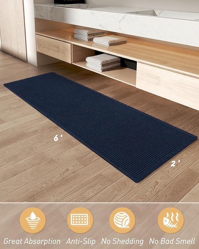 Upgraded Waffle Runner Rug Super Absorbent Non Slip Bath Mats for Bathroom, Washable Bathroom Runner Rug with Tassels, Ideal for Hallway Bedroom Laundry Room, Brown, 2'x 6'(24" x 72"), Navy Blue