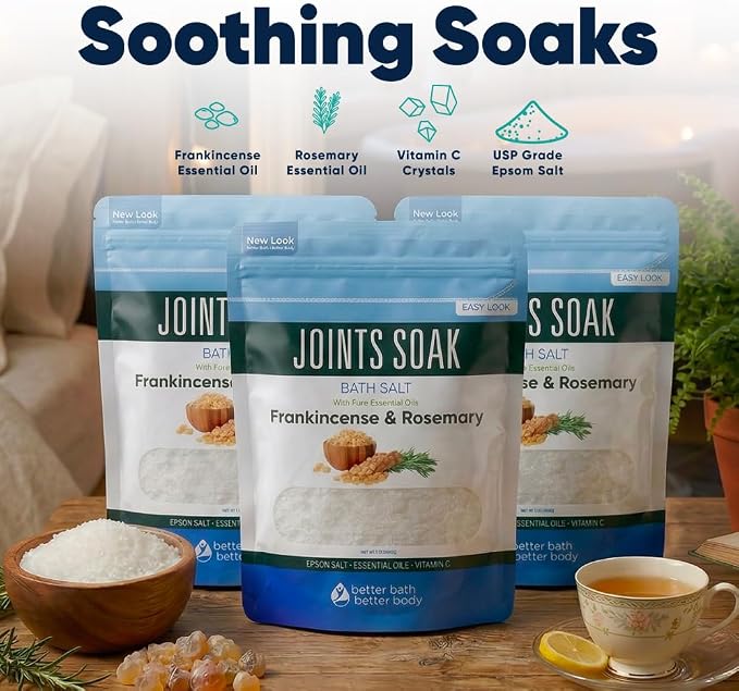 Joints Bath Soak (3 Pack) Soothing Epsom Salt with Rosemary and Frankincense Essential Oils Plus Vitamin Crystals in BPA Free Pouch Three 2 lbs Pouches 6 Lbs Total