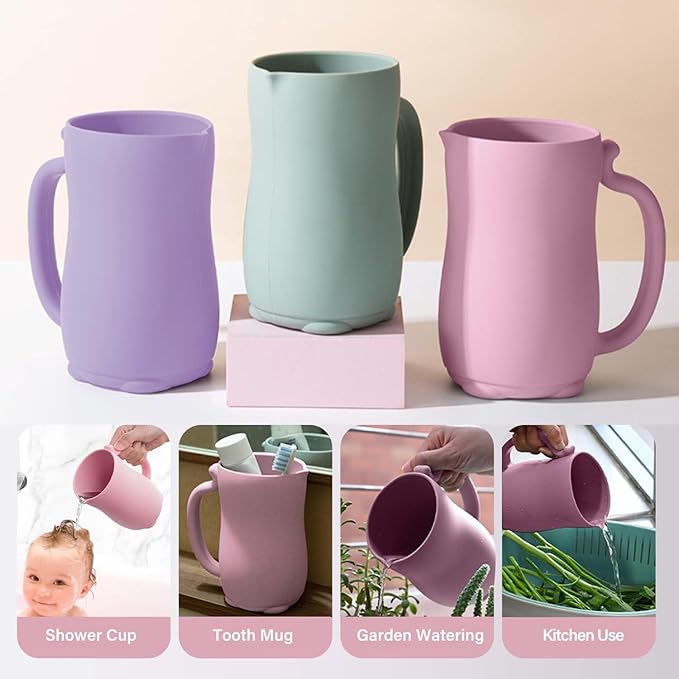 mandoo Baby Bath Rinse Cup - Food Grade Silicone - Shampoo & Body Washing Rinser Cup for Kids with Easy Grip Handle to Rinse Baby Shampoo and Soap - Baby Essentials (Beige+Brush)