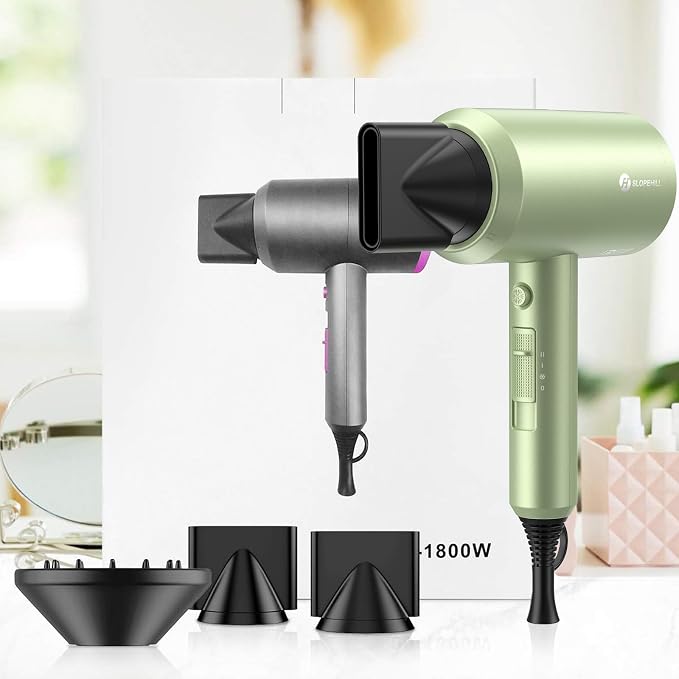 slopehill Professional Ionic Hair Dryer, Lime Cream | 1800W Fast Drying, Low Noise, 2 Concentrator Nozzles, 1 Diffuser Attachment