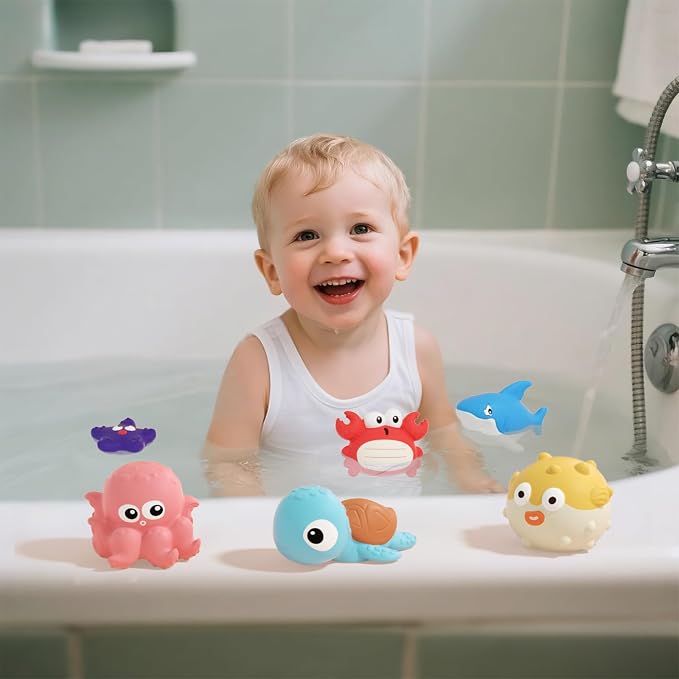 Bath Toys for Toddlers 6-12-18 Month, Bathtub Toys with 6 Baby Bath Animals, No-Hole Design Keeps Dry, Floating Toys Set for Baby 1 Year Old Boys & Girls (6 Pack)