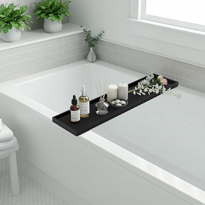 Acrylic Bathtub Tray Caddy, 29.9 x 7.87 Inch, with Wine Glass Holder, Waterproof, 66 lbs Capacity, Spa Bath Shelf (Pure Black)