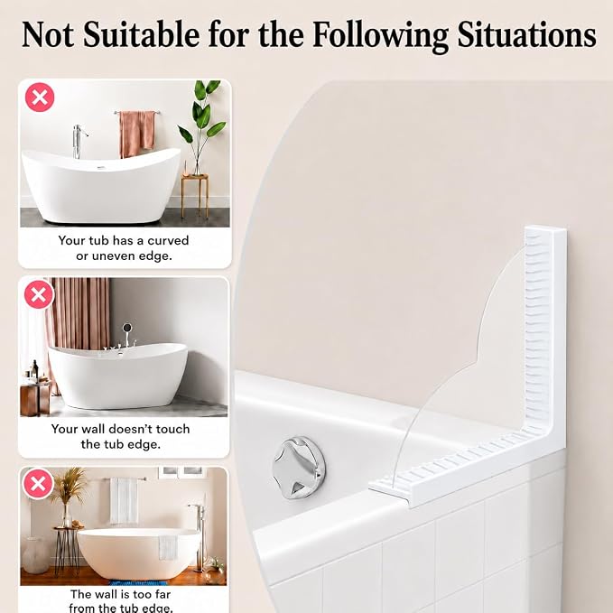 No-Adhesive 2-Pack Acrylic Silicone Bathtub Splash Guard,Tall & Flexible Shower Water Blocker with Strong Suction Cups,Reusable, Keeps Water in, Ideal for Family,Rentals&Pet Bathrooms (pearl white)