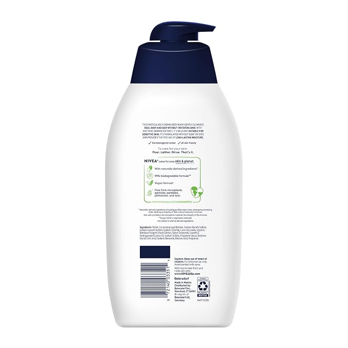NIVEA MEN Sensitive Body Wash with Bamboo Extract, Moisturizing Body Wash for Sensitive Skin, Soap Free Shower Gel for Men with No Drying Alcohol, 30 Fl Oz Bottle