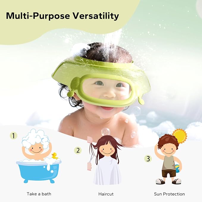 FUNUPUP Baby Shower Cap Toddler Hair Washing Shield Adjustable Bath Visor for Kids Shampoo Hat with Eyes Ears Cover 1-15 Years Boys Girls Essentials for Bath Time, Green