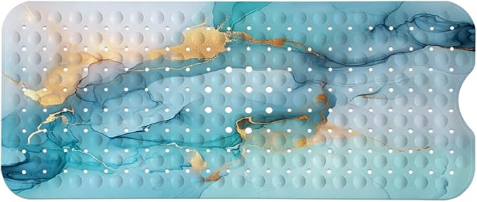 Marble Bath Tub Mat Non Slip, Green Blue Marble Non Slip Bath Mat for Shower, Large Washable Shower Mats for Showers with Drain Holes and Suction Cups,40 X 16 Inch