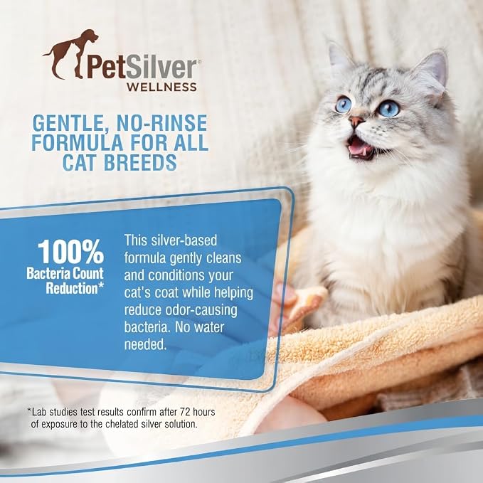 PetSilver Waterless Cat Shampoo - No Rinse Bath & Dry Shampoo for Cats - Long-Haired & Sensitive Skin - Cleans, Conditions & Moisturizes - Hypoallergenic & Fragrance-Free - Patented Formula - 5 fl oz