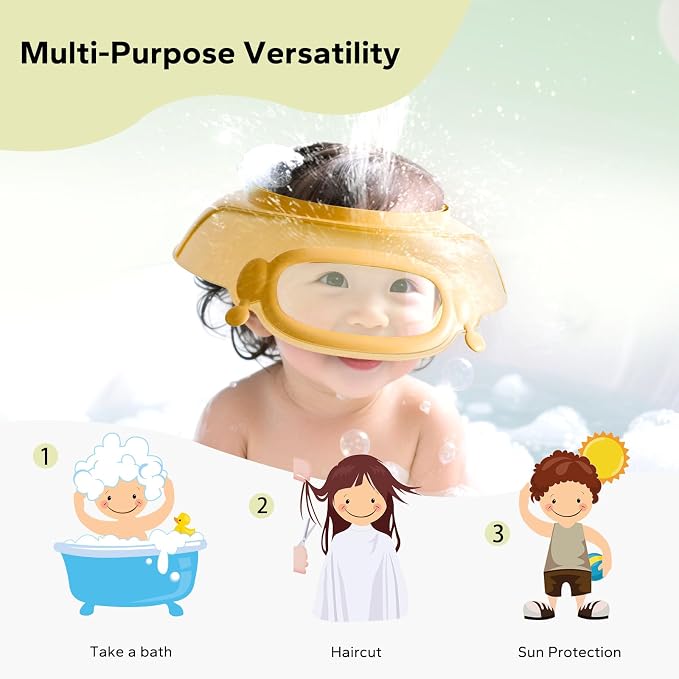 FUNUPUP Baby Shower Cap Toddler Hair Washing Shield Adjustable Bath Visor for Kids Shampoo Hat with Eyes Ears Cover 1-15 Years Boys Girls Essentials for Bath Time, Yellow