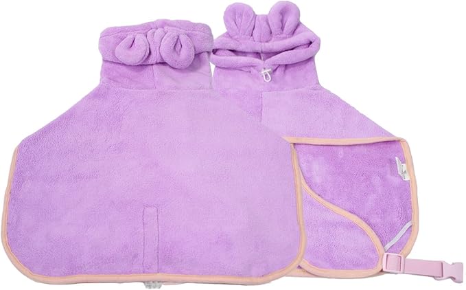 Dog Bathrobe, Microfiber Fast Drying Absorbent Hooded Bath Towel for Puppy Small Medium Large Dog Cat(Purple,S)