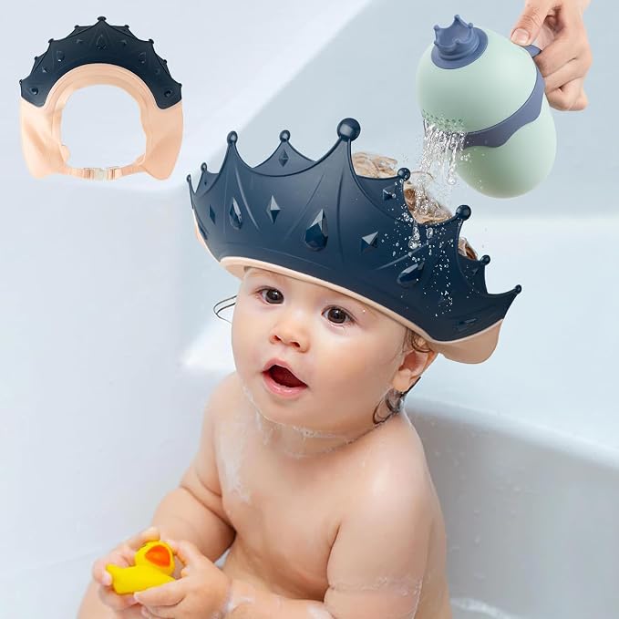 FUNUPUP Baby Shower Cap for Kids with Bath Rinse Cup, Adjustable Toddler Hair Washing Shampoo Shield Hat Baby Bath Visor Shower Hat for Kids(Crown Blue)