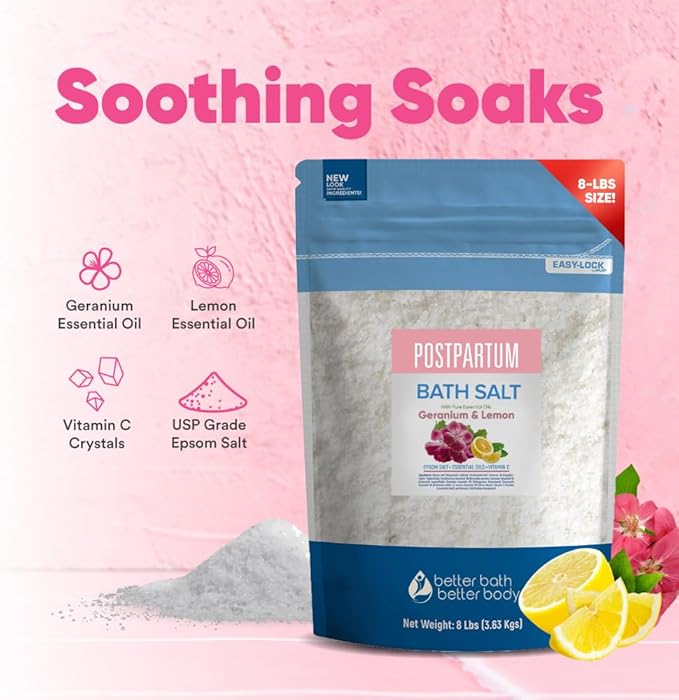 Postpartum Sitz Bath Soak 128 Ounces (8 Lbs) Bulk Bag Postpartum Care for New Moms Bath Salt with Essential Oils in Easy Press Lock BPA Free Pouch Made with Natural Ingredients Made in USA