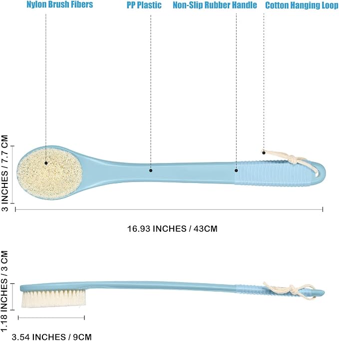 17-Inch Back Scrubber for Shower, Anti-Slip Exfoliating Body Brush for Bath, Gentle Back Brush for Shower for Men, and Women, Cleaning Skin for Smooth, Glowing Skin (Light Blue)