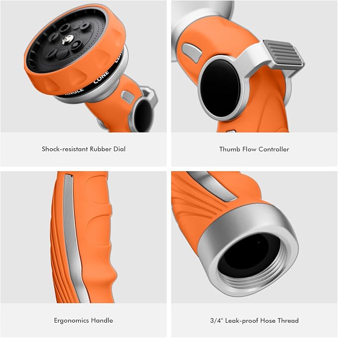 RESTMO Hose Nozzle Heavy Duty, Metal Water Hose Sprayer for Garden | 9 Spray Patterns, High Pressure, Thumb Flow Control, On/Off Valve, Ideal for Outdoor Lawn & Plant, Car & Pet, Orange
