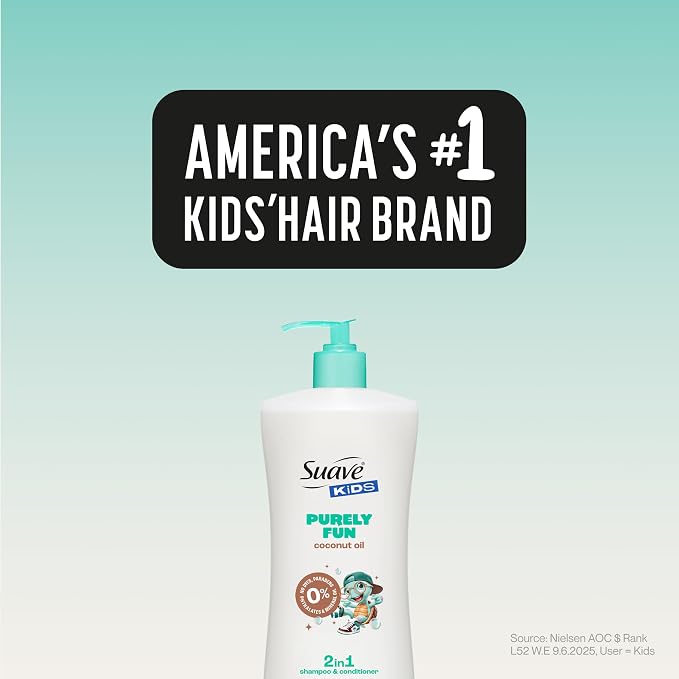 Suave Kids Purely Fun 2 in 1 Shampoo and Conditioner with Coconut Oil, Tear-Free, Hypoallergenic, Gentle Hair Care for Kids with Sensitive Scalps, 4 Count, 28 FL OZ