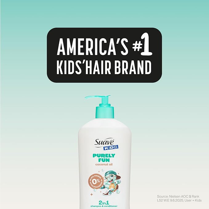 Suave Kids Purely Fun 2 in 1 Shampoo and Conditioner with Coconut Oil, Tear-Free, Hypoallergenic, Gentle Hair Care for Sensitive Scalps, Kids Shampoo & Conditioner, 6 Count, 18 fl oz