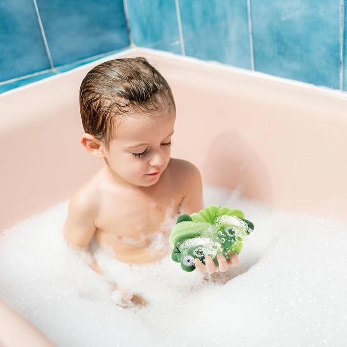 Nuenen 2 Pcs Bath Loofahs Kids Toddler Cute Cartoon Bath Sponges Loofah Pouf Body Scrubber Mesh Sponges for Children Shower Washing Exfoliating(Shark, Frog)