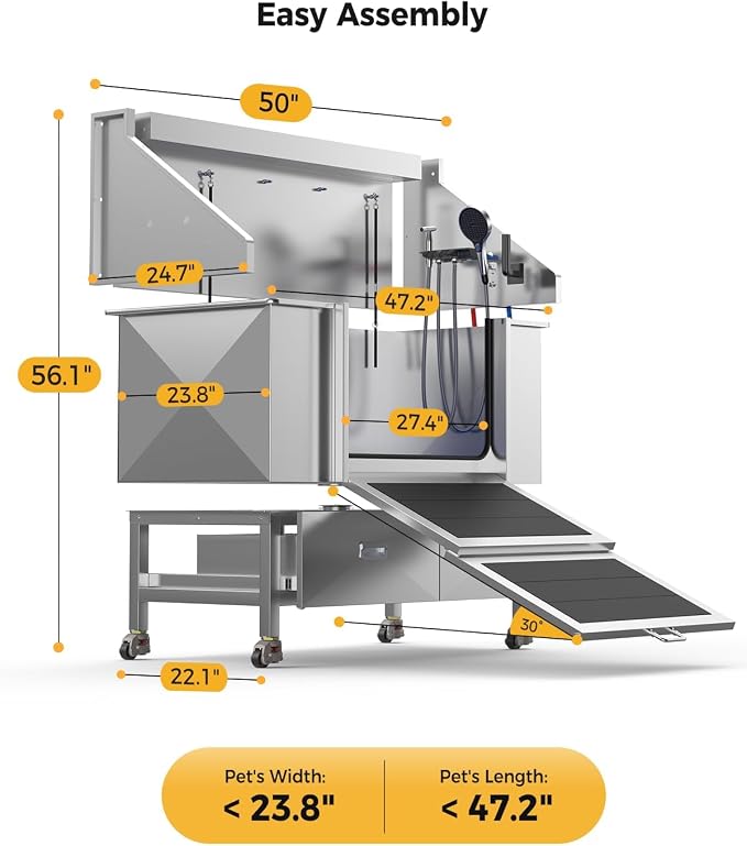 CAMMOO 50'' Dog Bathing Station - 304 Stainless Steel, Leak-Proof Deep Soak, Dog Bathing Station, 27.4" Wide Ramp, Swivel Wheels, Dog Grooming Tub, Piano-Key Faucet, 2 Drawers for Medium & Small Pets