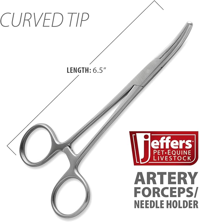 Jeffers Stainless Steel Artery Forceps Needle Holder, Locking Hemostat Veterinary Surgical Instrument, Stainless Steel Clamp, Suture Tool, Ligation Forceps, Vet Medical Tool - Curved 6.5"