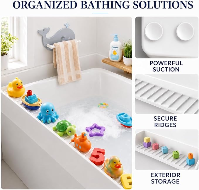 Bathtub Splash Guard for Tub Kids, Silicone Bath Toy Holder & Tub Side Tray with Suction Cups, Bath Tub Shelf for Kids, Bathtub Toy Storage, Green