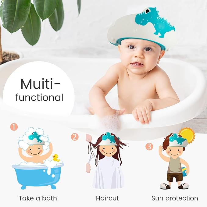 FUNUPUP Baby Shower Cap for Kids, Baby Bath Shampoo Visor Cap Hair Washing Shield Adjustable Silicone Bath Hat for Toddler Girls and Boys (Dinosaur,Blue)