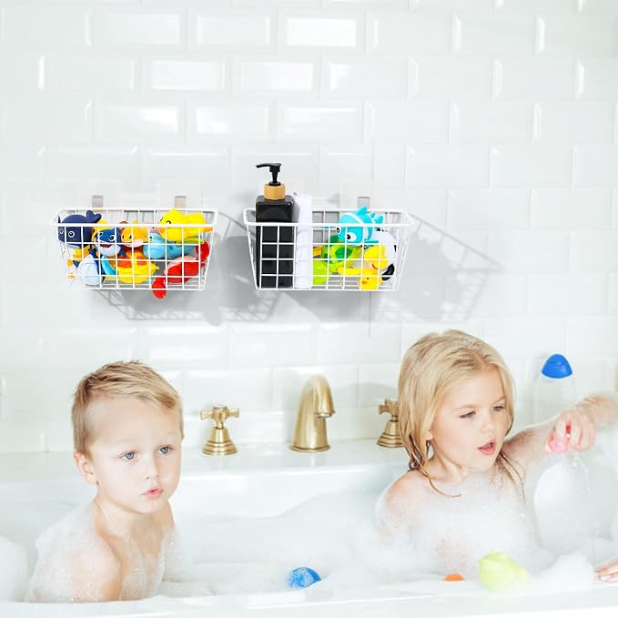 Metal Bath Toy Holder, Hanging Bathtub Toy Storage, Wall Mounted Bath Tub Baby Toys Organizer, Iron Shower Caddy For Bathroom, White, 2 Pack
