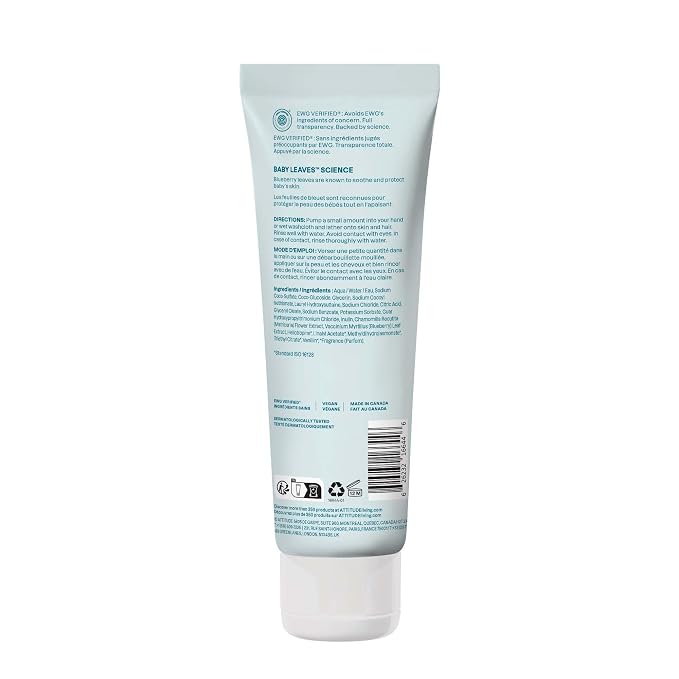 ATTITUDE Baby 2-in-1 Shampoo & Body Wash, EWG Verified, Dermatologically Tested, Vegan, Goodnight Scent, 8 Fl Oz