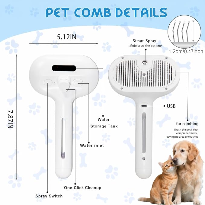 Fresh Fur Shower Brush,3 in 1 Pet Steam Brush,Spray Hair Removal Comb for Cats & Dogs - Deshedding& Grooming (White)