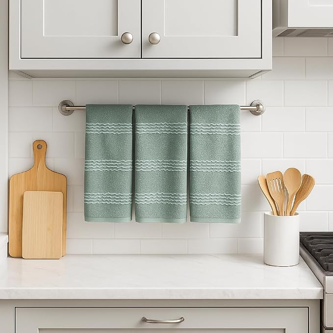 Sage Green Kitchen Dish Towels: 100% Cotton Cloth Soft Cleaning Drying Absorbent Textured Terry Loop, Set of 3 28" x 18" Multipurpose for Everyday Use