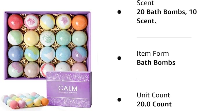 CalmNFiz 20PCS Bath Bombs for Women Presents Set Natural Wonderful Fizz Effect Bath Bomb with Shea Butter & Essential Oils, Bubble Bath Mothers Day Presents for Mom, Wife, Girlfriend
