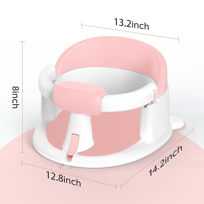 Baby Bath Seat for Babies Sitting Up, Non-Slip Baby Bath Chair with Strong Suction Cups, Lockable Armrest & High Back 360° Safety Support, Ideal for Active Toddlers 6-24 Months, Pink