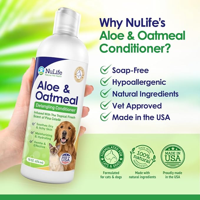 Oatmeal Dog Conditioner for Dry Itchy Skin with Soothing Aloe Vera, Suitable for All Pets, Moisturizes and Detangles Matted Hair, 16 Oz
