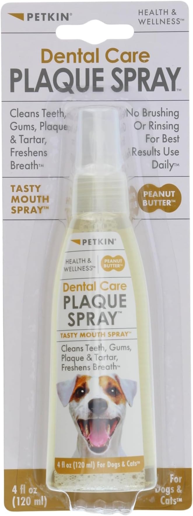 Petkin Plaque Spray, Peanut Butter, 4 Fl Oz - Cleans Teeth & Gums, Removes Plaque & Tartar, Freshens Breath & Whitens Teeth with Baking Soda - Ideal Cat & Dog Dental Spray with No Brushing or Rinsing