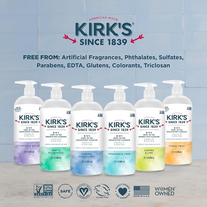 Kirk's Juniper & Lime 3-in-1 Nourishing Cleanser, Shampoo Body Wash Bubble Bath, Coconut Oil and Aloe Vera, Vegan Non-GMO, 32 Fl Oz