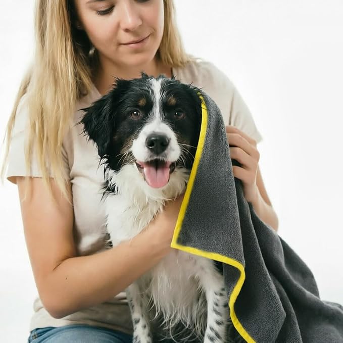 Nano Towels Pet Luxury Grooming Towel. Use for Cleaning, Washing, Dog and Cat Hair Bath Drying Cloth. Safe and Pet Friendly Grooming. No Shampoo Needed. Tiki Pete Noir Grey/Yellow Trim. Large 20x40
