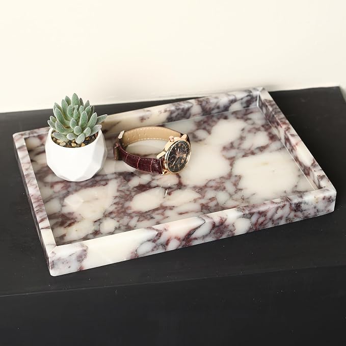 Luxurious Natural Marble Tray Hand Towel Organizer for Disposable Paper Napkins, Jewelry, Makeup Bathroom Vanity Sink Comestic Holder Bathtub Decorative Organizer Perfume Tray/Calacatta Viola