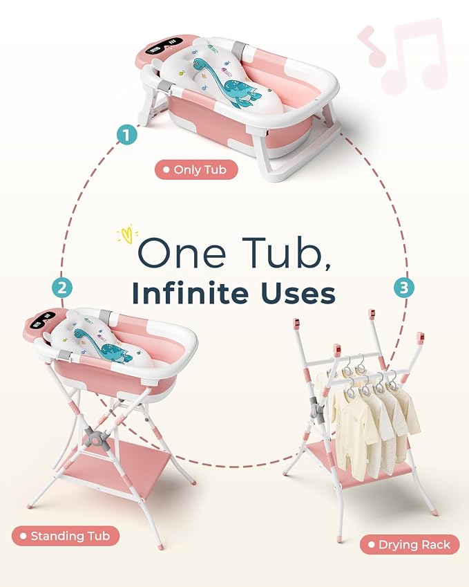 2-in-1 Baby Bath with Stand, Foldable Dinosaur Bathtub for Infant to Toddler, Portable Travel Tub with Soft Cushion for 0-18 Months, Pink